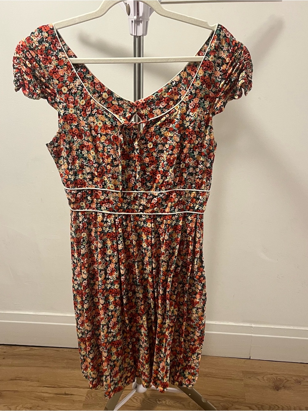 American Rag Floral Tie-Front Cap Sleeve Dress in Red Yellow size Medium